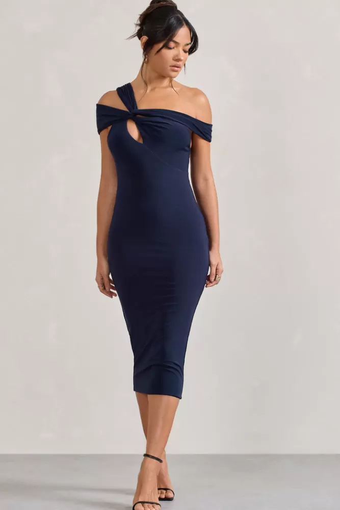 Club L London Chain Reaction | Strappy Asymmetric Bodycon Midi Dress NAVY Online