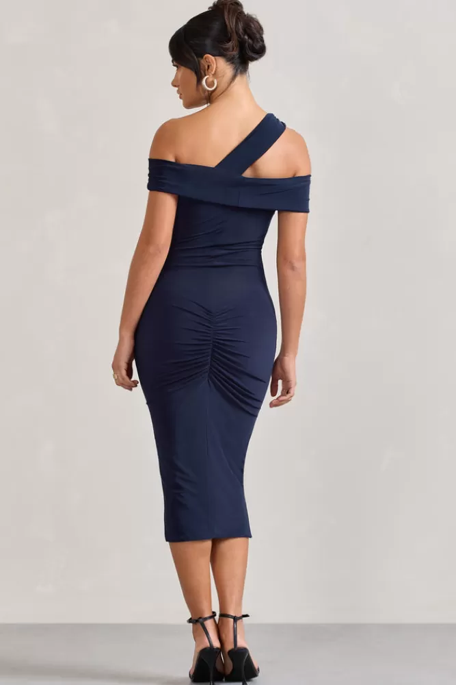 Club L London Chain Reaction | Strappy Asymmetric Bodycon Midi Dress NAVY Online