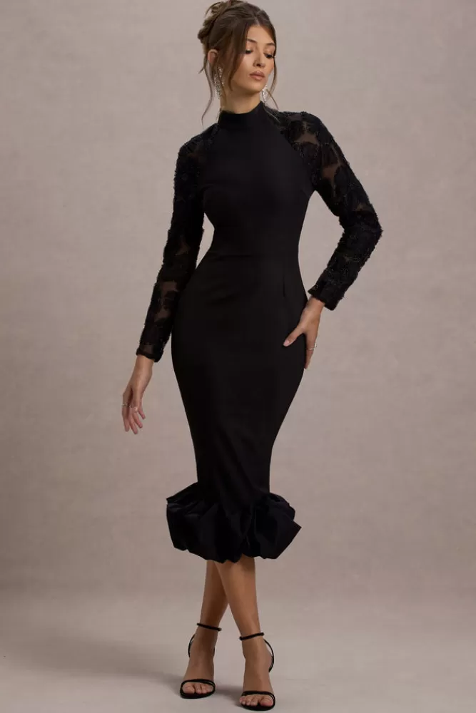 Club L London Chandra | Mesh Long-Sleeve Midi Dress With Ruffle Hem BLACK Best Sale