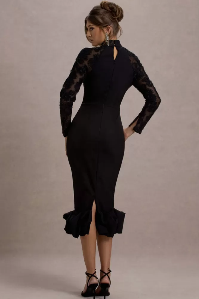 Club L London Chandra | Mesh Long-Sleeve Midi Dress With Ruffle Hem BLACK Best Sale