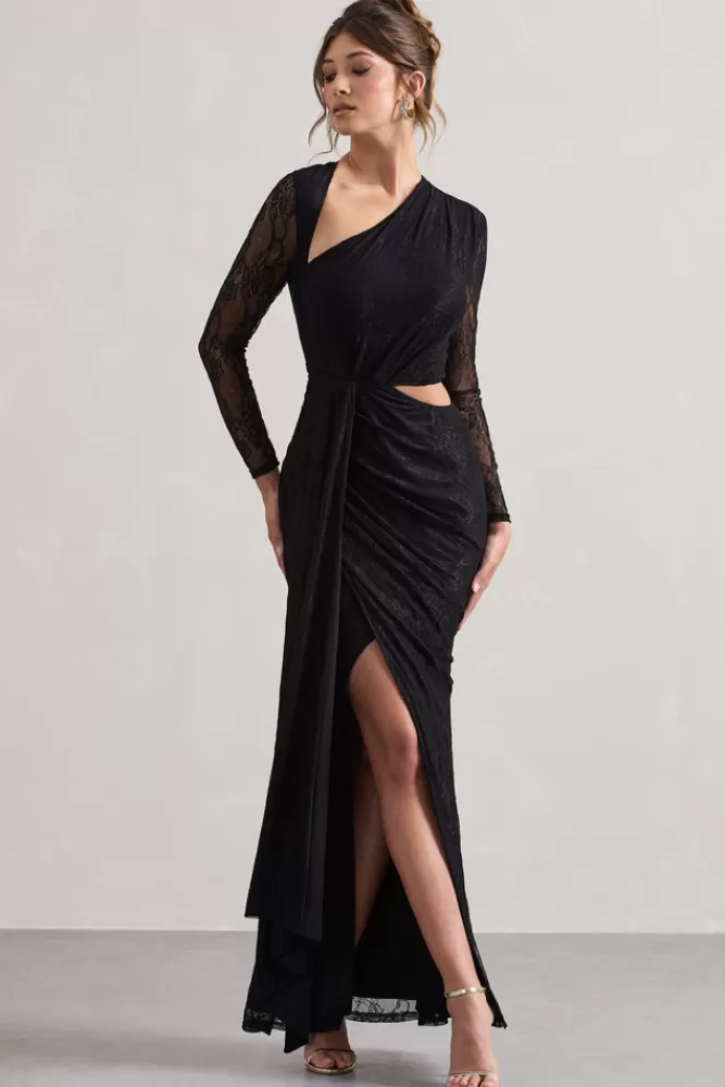 Club L London Chantilly | Lace Asymmetric Cut-Out Draped Maxi Dress BLACK New