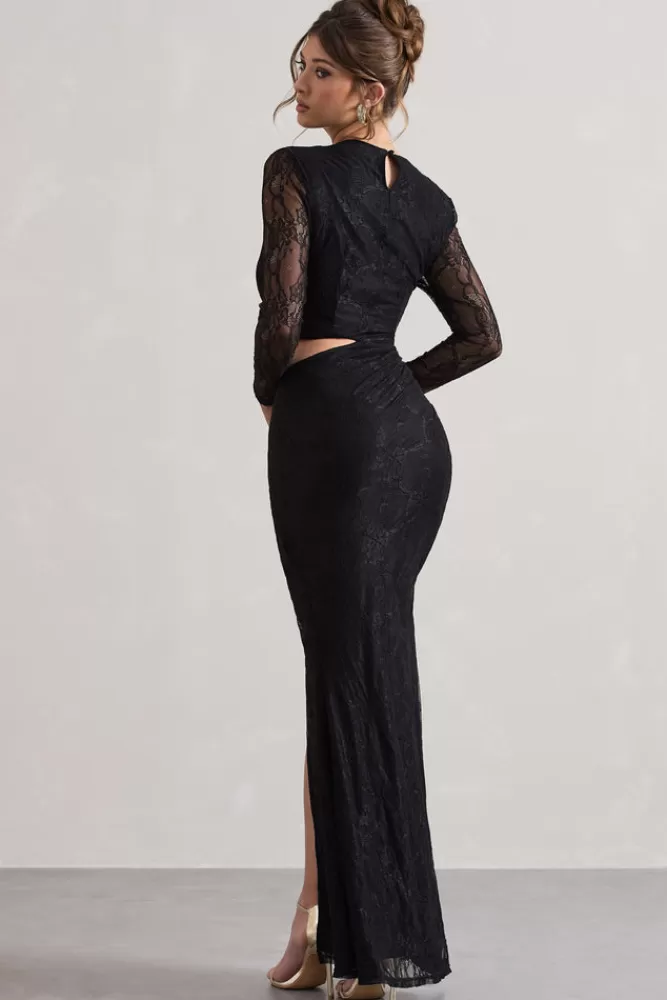 Club L London Chantilly | Lace Asymmetric Cut-Out Draped Maxi Dress BLACK New