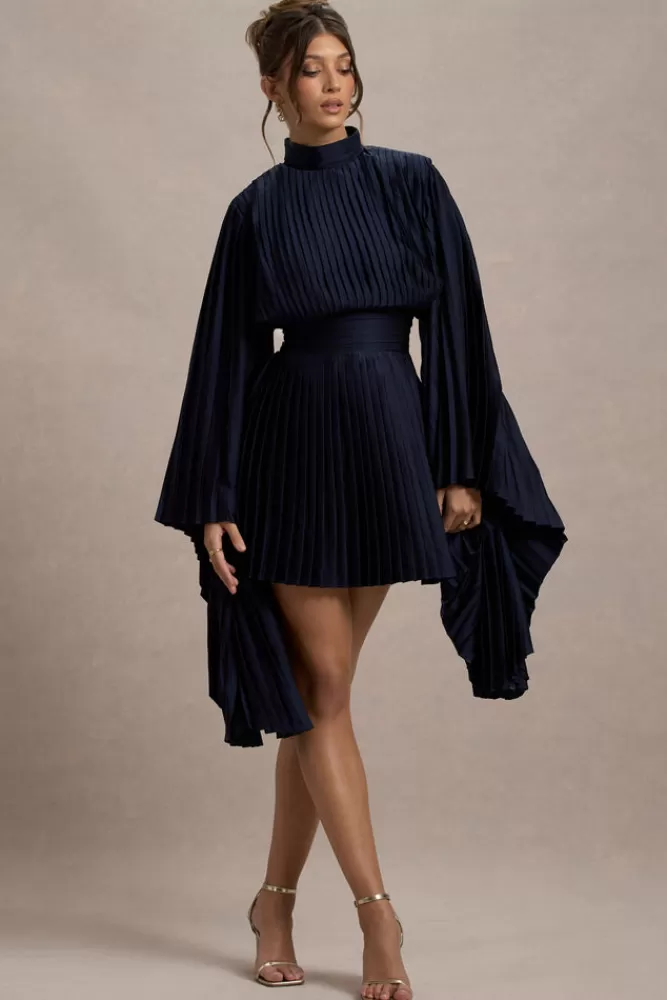 Club L London Charity | Pleated High-Neck Mini Dress With Cape Sleeves NAVY Online