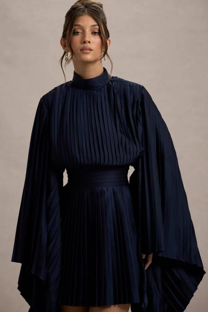 Club L London Charity | Pleated High-Neck Mini Dress With Cape Sleeves NAVY Online