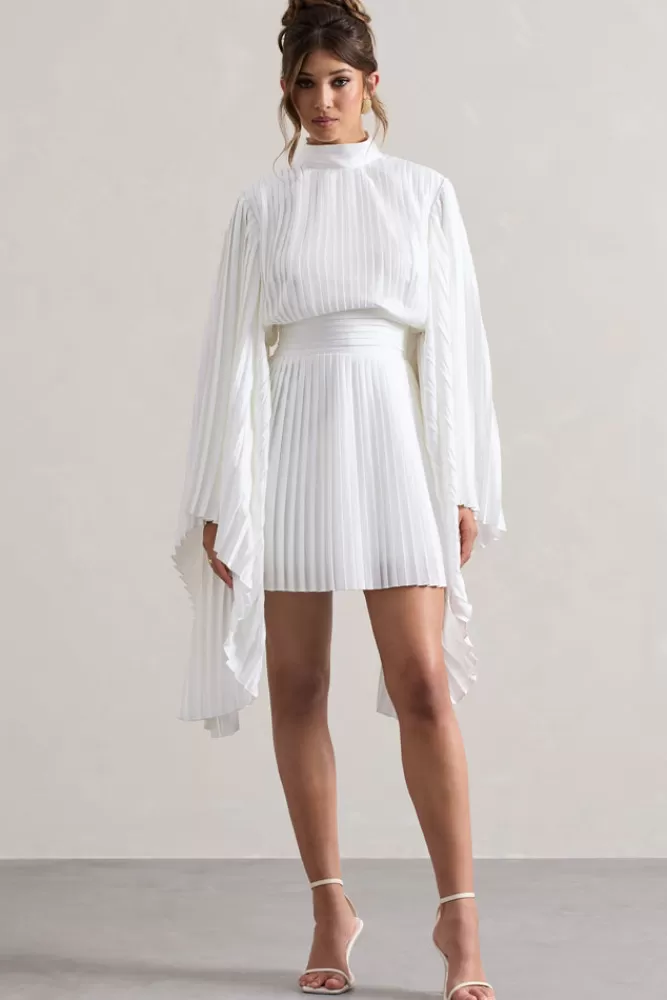 Club L London Charity | Pleated High-Neck Mini Dress With Cape Sleeves WHITE Hot