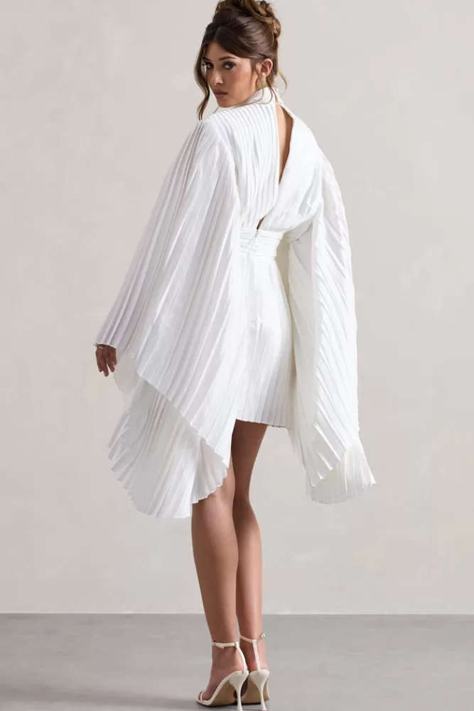 Club L London Charity | Pleated High-Neck Mini Dress With Cape Sleeves WHITE Hot