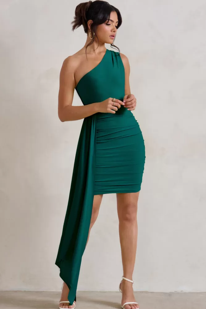 Club L London Charlie | Bottle Green One Shoulder Ruched Mini Dress With Statement Drape BOTTLEGREEN Cheap