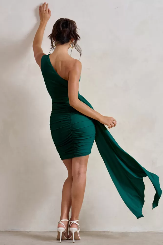 Club L London Charlie | Bottle Green One Shoulder Ruched Mini Dress With Statement Drape BOTTLEGREEN Cheap