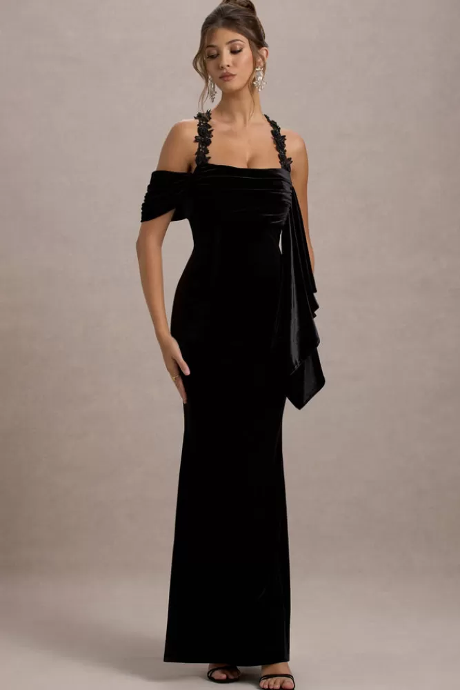 Club L London Charlize | Velvet Halter-Neck Draped Maxi Dress BLACK Best