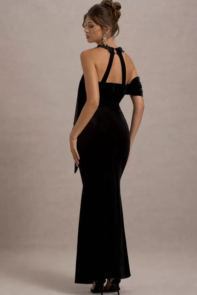 Club L London Charlize | Velvet Halter-Neck Draped Maxi Dress BLACK Best