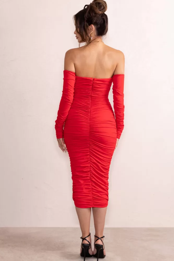 Club L London Charlotte | Deep Plunge Ruched Long Sleeved Midi Dress RED Cheap