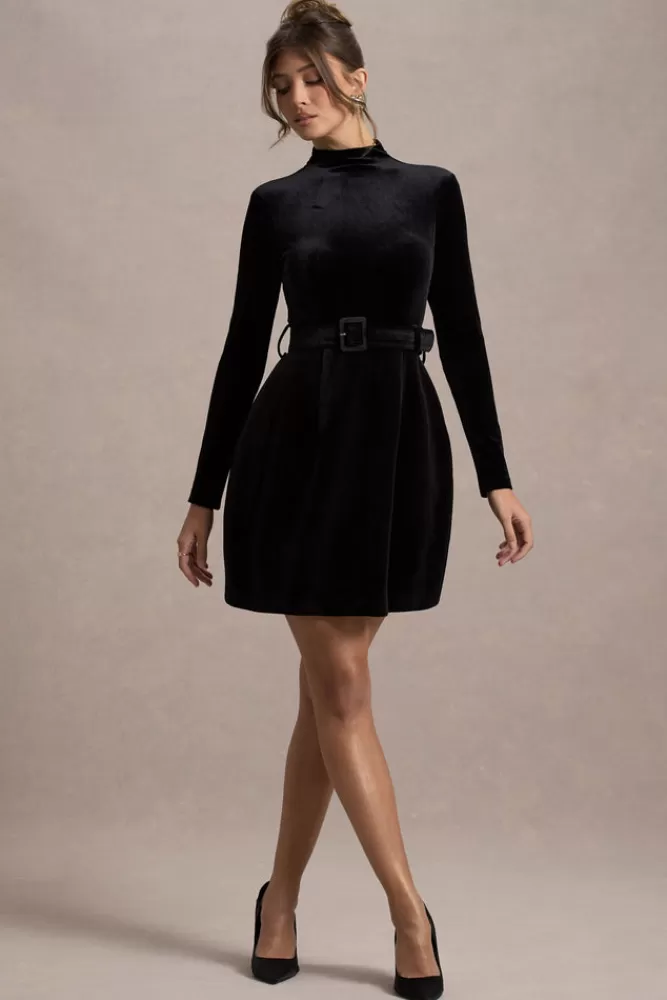 Club L London Charm | Velvet Turtleneck Long-Sleeve Belted Mini Dress BLACK Fashion