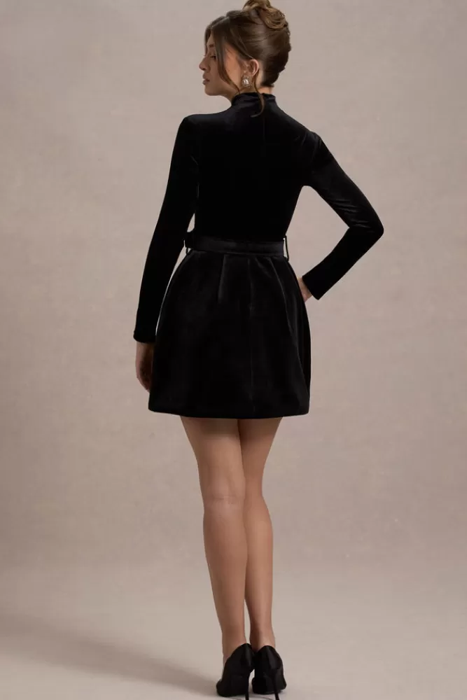 Club L London Charm | Velvet Turtleneck Long-Sleeve Belted Mini Dress BLACK Fashion