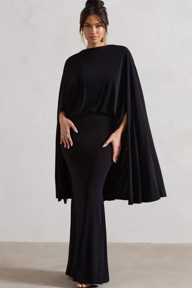 Club L London Charmaine | High-Neck Maxi Dress With Cape BLACK New