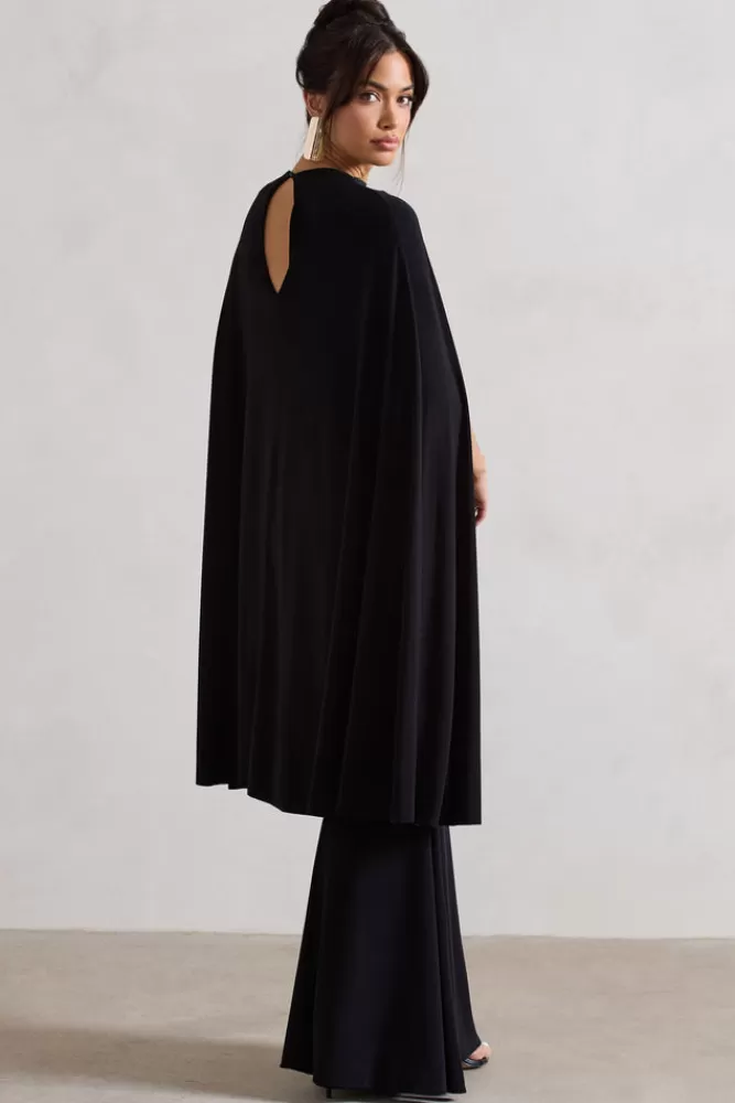 Club L London Charmaine | High-Neck Maxi Dress With Cape BLACK New