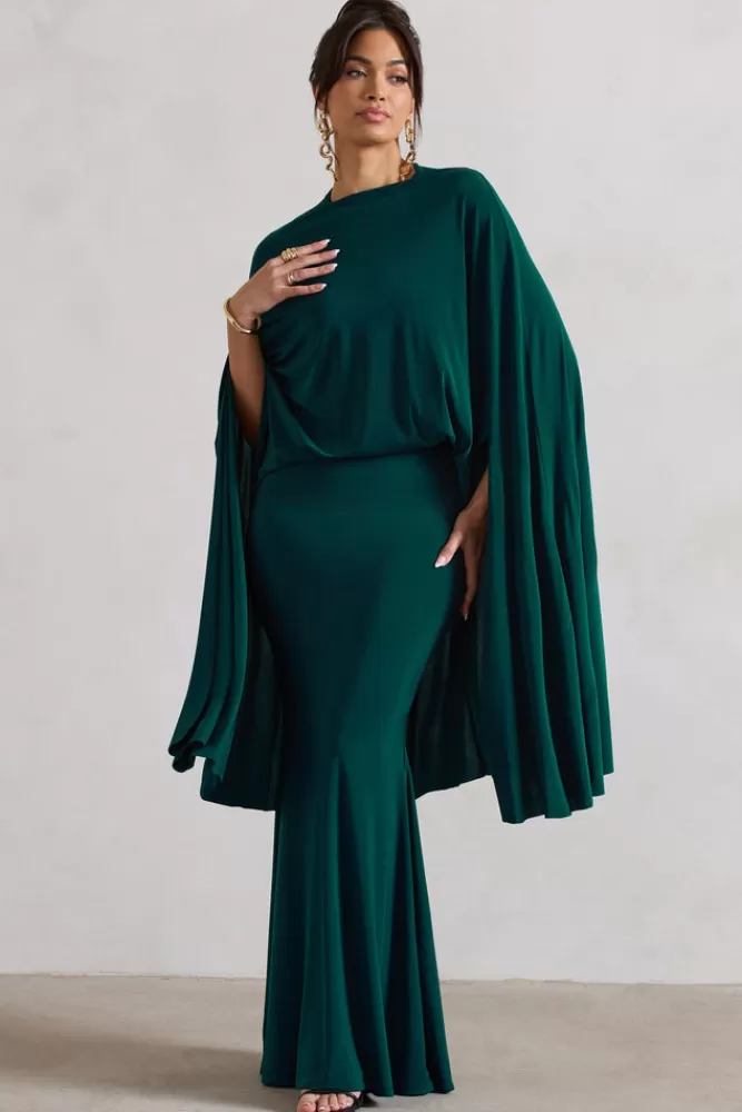 Club L London Charmaine | Bottle Green High-Neck Maxi Dress With Cape BOTTLEGREEN Flash Sale