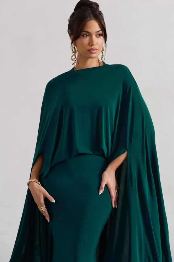 Club L London Charmaine | Bottle Green High-Neck Maxi Dress With Cape BOTTLEGREEN Flash Sale