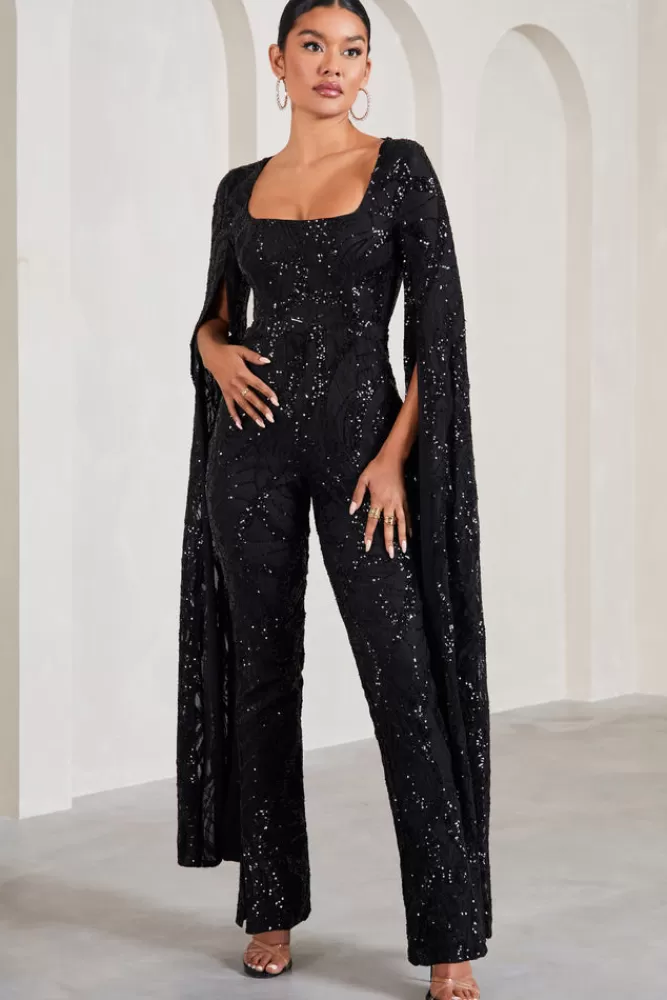 Club L London Cher | Sequin Lace Square-Neck Jumpsuit With Cape Sleeves BLACK New