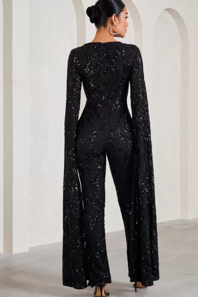 Club L London Cher | Sequin Lace Square-Neck Jumpsuit With Cape Sleeves BLACK New