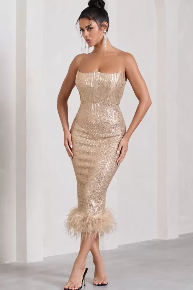 Club L London Cherie | Sequin Corset Midi Dress With Feather Trim CHAMPAGNE Clearance