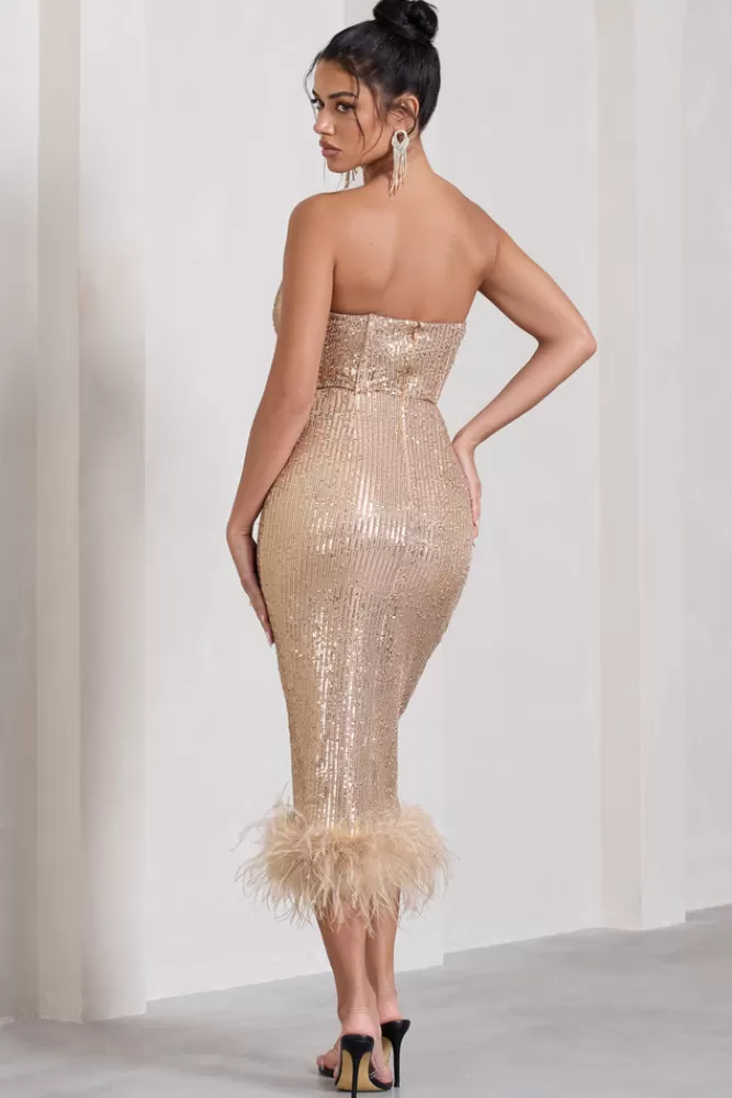 Club L London Cherie | Sequin Corset Midi Dress With Feather Trim CHAMPAGNE Clearance