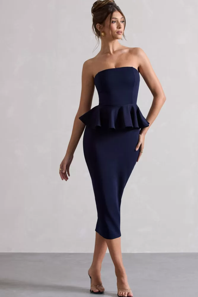 Club L London Chicago | Bodycon Bandeau Midi Dress With Peplum Detail NAVY Outlet