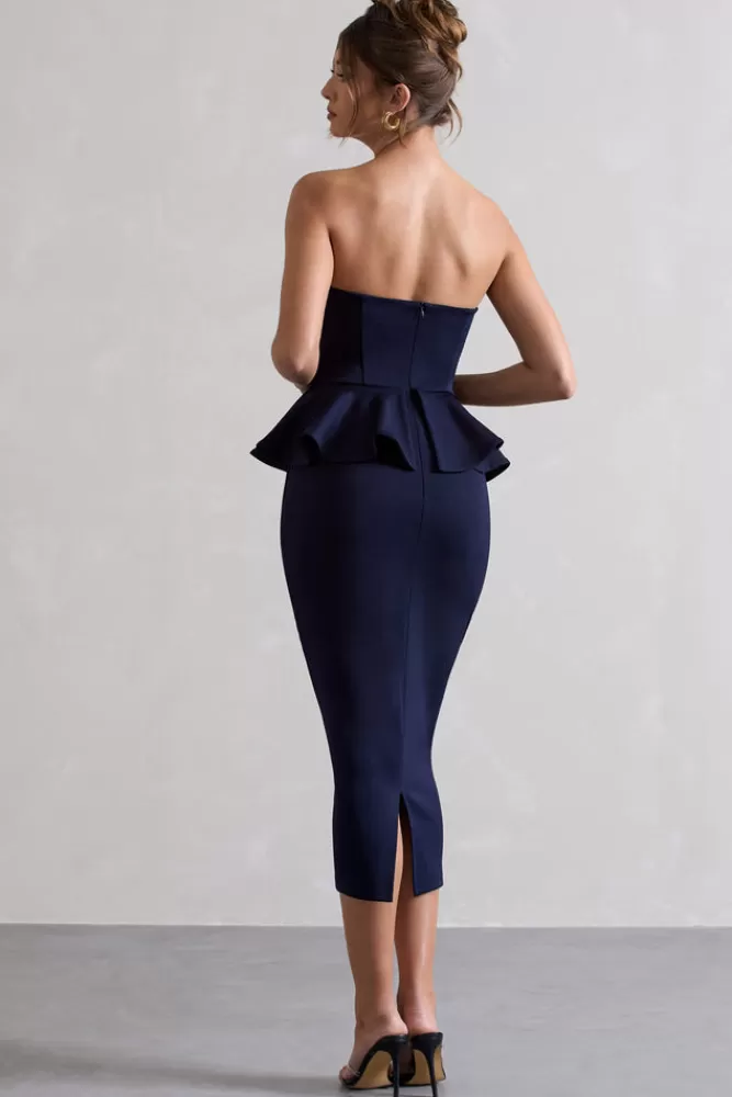 Club L London Chicago | Bodycon Bandeau Midi Dress With Peplum Detail NAVY Outlet