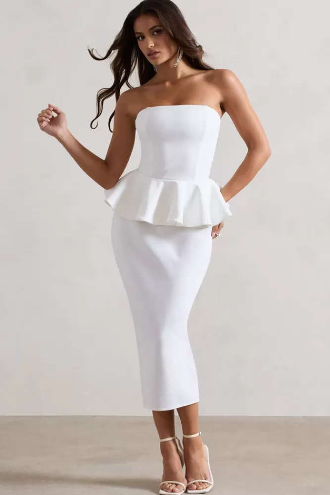 Club L London Chicago | Bodycon Bandeau Midi Dress With Peplum Detail WHITE Fashion