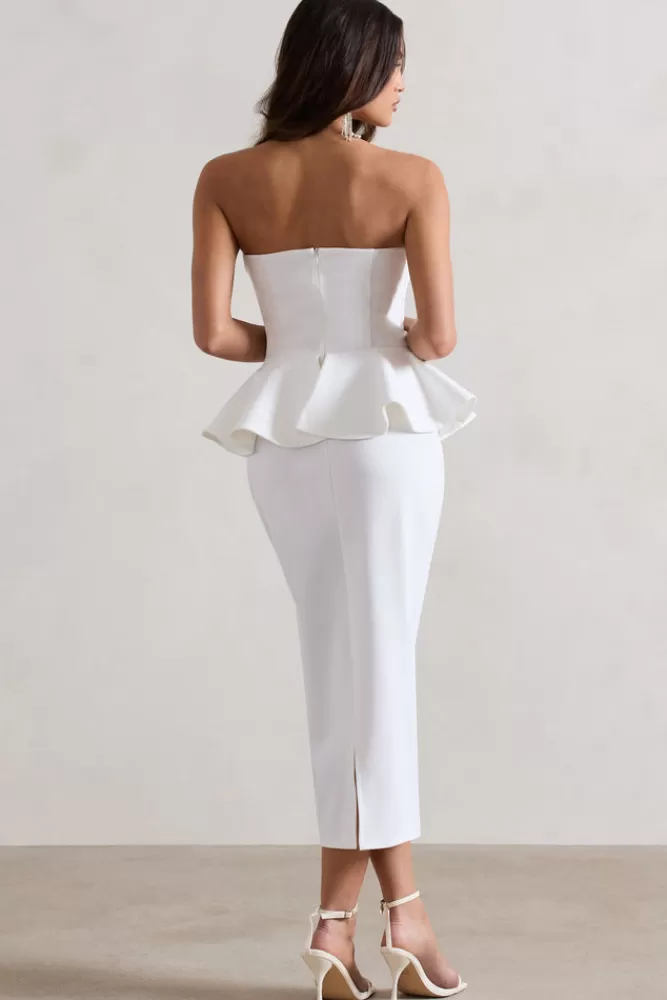 Club L London Chicago | Bodycon Bandeau Midi Dress With Peplum Detail WHITE Fashion