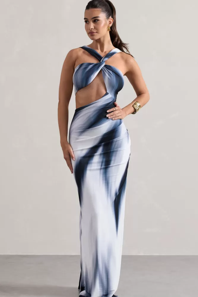 Club L London Chorus | White Print Halter-Neck Split Maxi Dress With Cut-Out MONOCHEVRON Best Sale