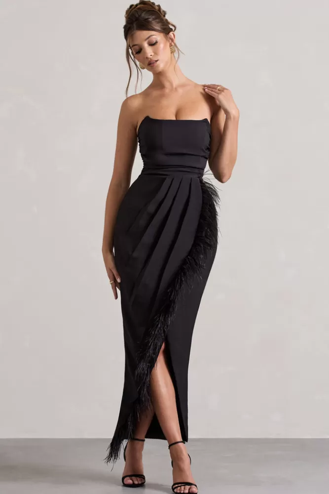 Club L London Chosen | Bandeau Wrap Maxi Dress With Feather Trim BLACK Best