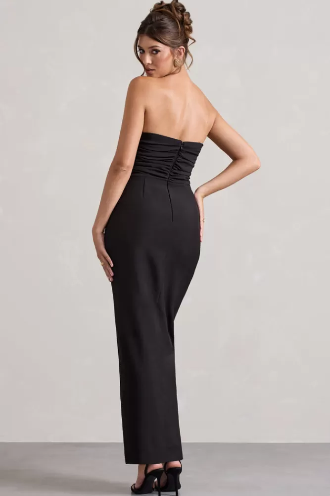 Club L London Chosen | Bandeau Wrap Maxi Dress With Feather Trim BLACK Best