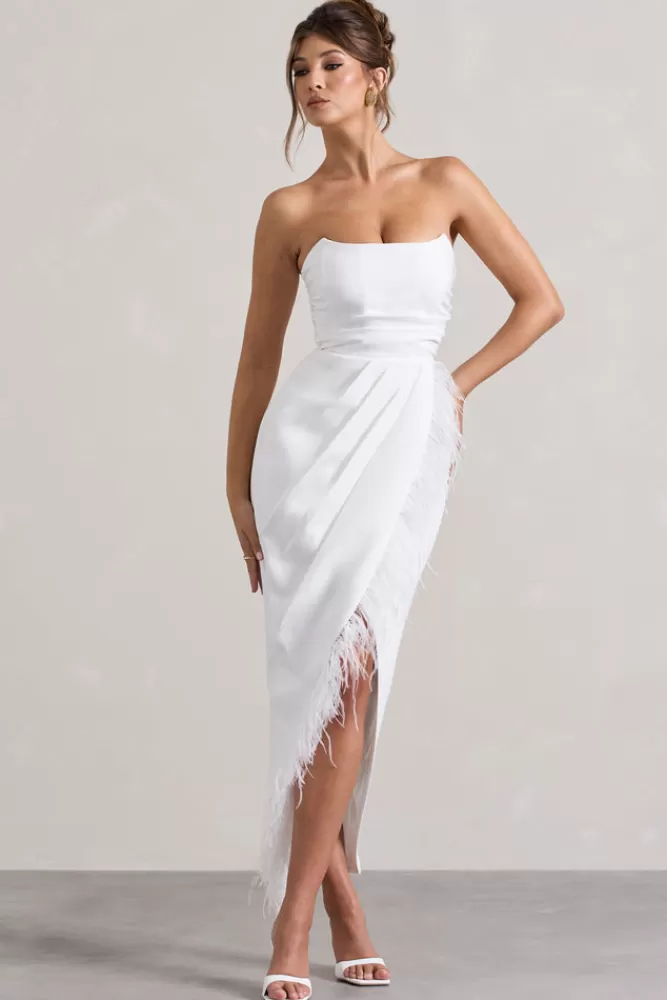 Club L London Chosen | Bandeau Wrap Maxi Dress With Feather Trim WHITE Flash Sale