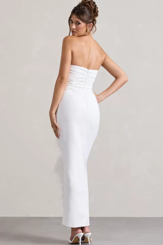 Club L London Chosen | Bandeau Wrap Maxi Dress With Feather Trim WHITE Flash Sale