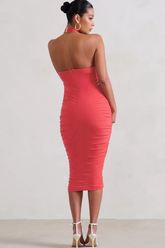 Club L London Chrissy | Coral Maternity Halterneck Ruched Midi Dress SPICEDCORAL Clearance
