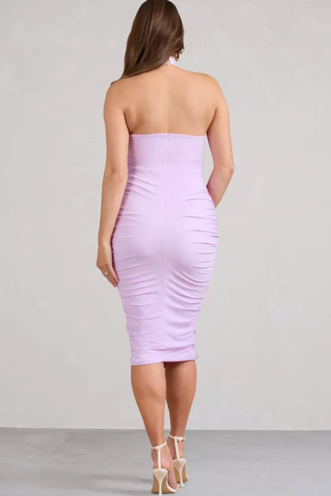 Club L London Chrissy | Maternity Halterneck Ruched Midi Dress LILAC Sale