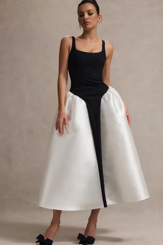 Club L London Christie | Black and Cream Scoop-Neck Midi Dress With Volume Skirt BLACKANDCREAM Fashion