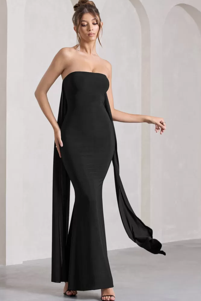 Club L London Christina | Bandeau Sleeveless Maxi Dress With Cape BLACK Best Sale