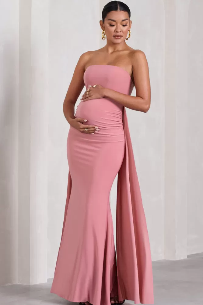 Club L London Christina | Blush Pink Bandeau Sleeveless Maternity Maxi Dress With Cape BLUSHPINK Sale