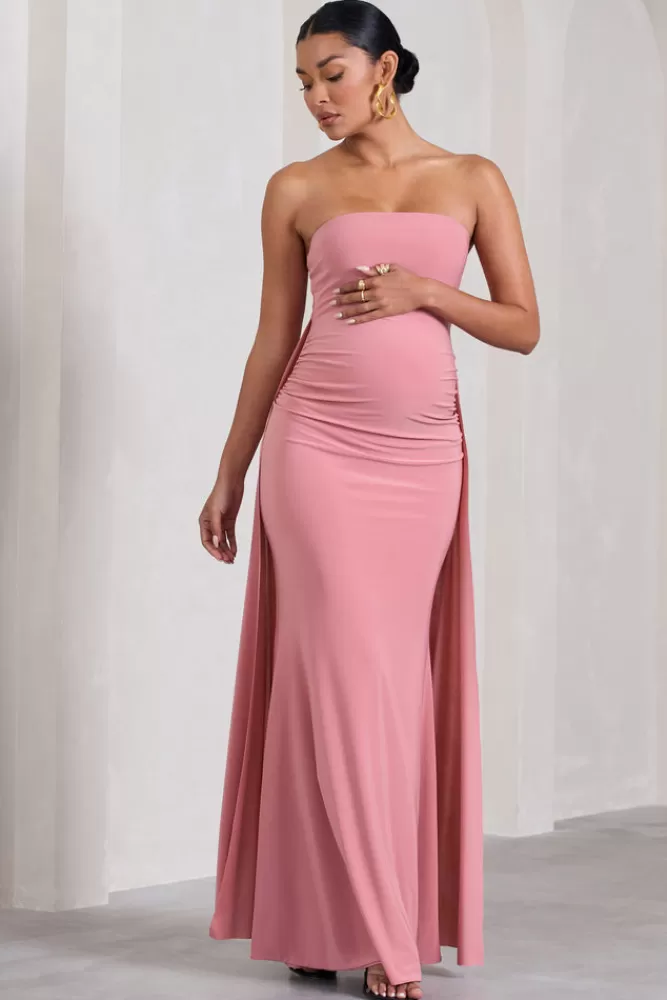 Club L London Christina | Blush Pink Bandeau Sleeveless Maternity Maxi Dress With Cape BLUSHPINK Sale
