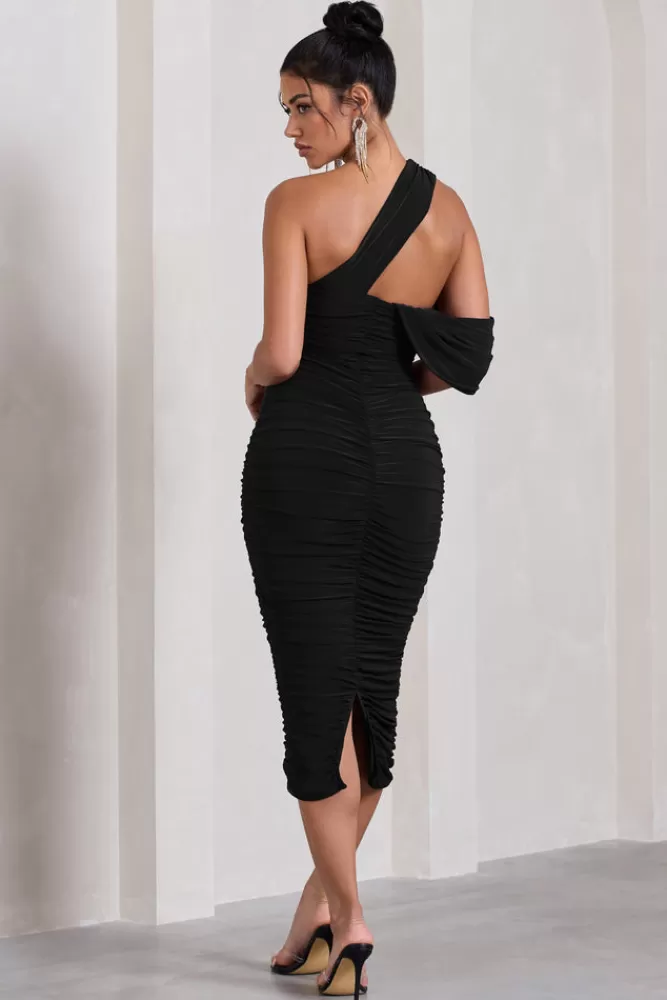 Club L London Cici | Asymmetric One Shoulder Ruched Midi Dress BLACK Flash Sale