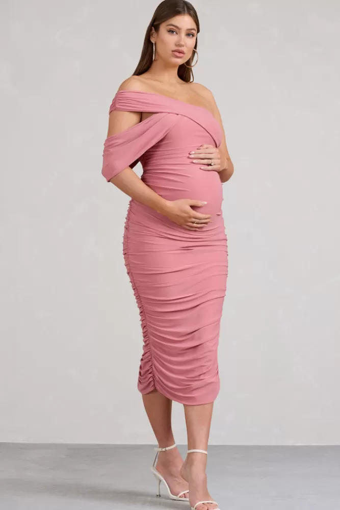 Club L London Cici | Blush Pink Asymmetric Ruched Maternity Midi Dress BLUSHPINK Outlet