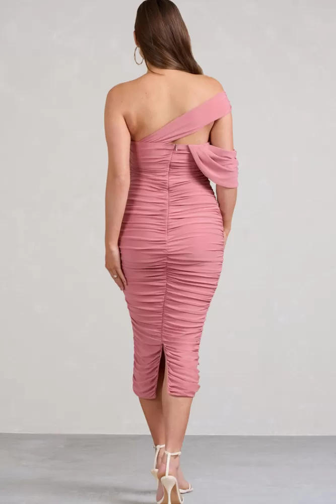 Club L London Cici | Blush Pink Asymmetric Ruched Maternity Midi Dress BLUSHPINK Outlet