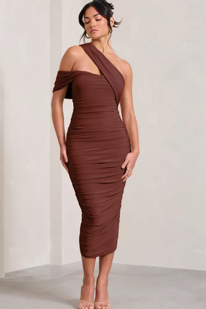 Club L London Cici | Asymmetric One Shoulder Ruched Midi Dress BROWN Cheap