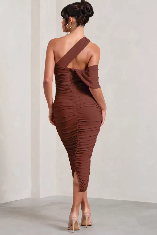 Club L London Cici | Asymmetric One Shoulder Ruched Midi Dress BROWN Cheap