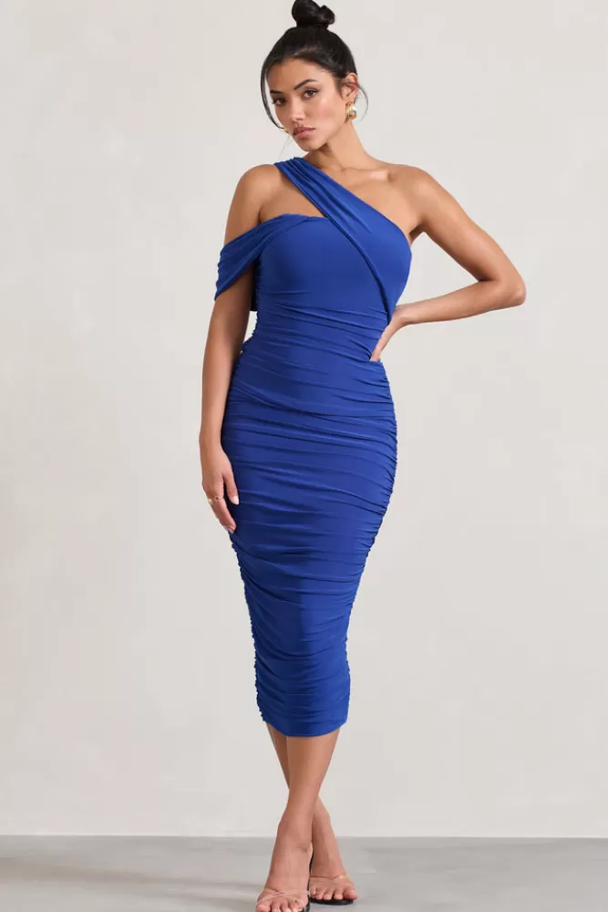 Club L London Cici | Cobalt Blue Asymmetric One Shoulder Ruched Midi Dress COBALTBLUE Online