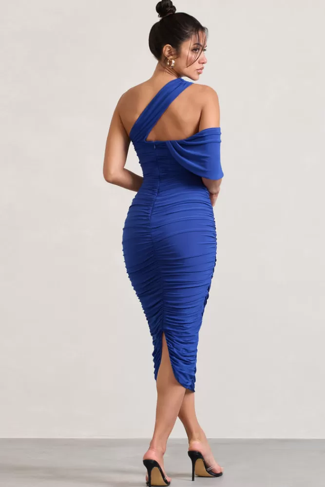 Club L London Cici | Cobalt Blue Asymmetric One Shoulder Ruched Midi Dress COBALTBLUE Online