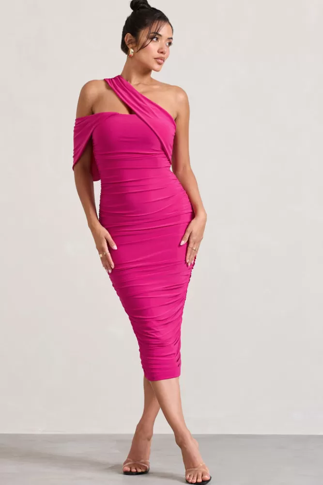 Club L London Cici | Hot Pink Asymmetric One Shoulder Ruched Midi Dress HOTPINK Online