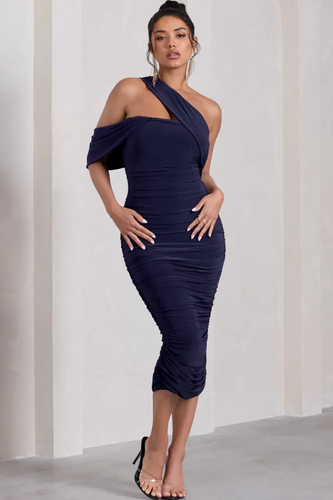 Club L London Cici | Asymmetric One Shoulder Ruched Midi Dress NAVY Best Sale