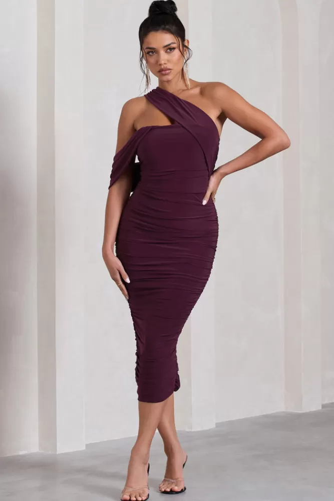 Club L London Cici | Asymmetric One Shoulder Ruched Midi Dress PLUM Store